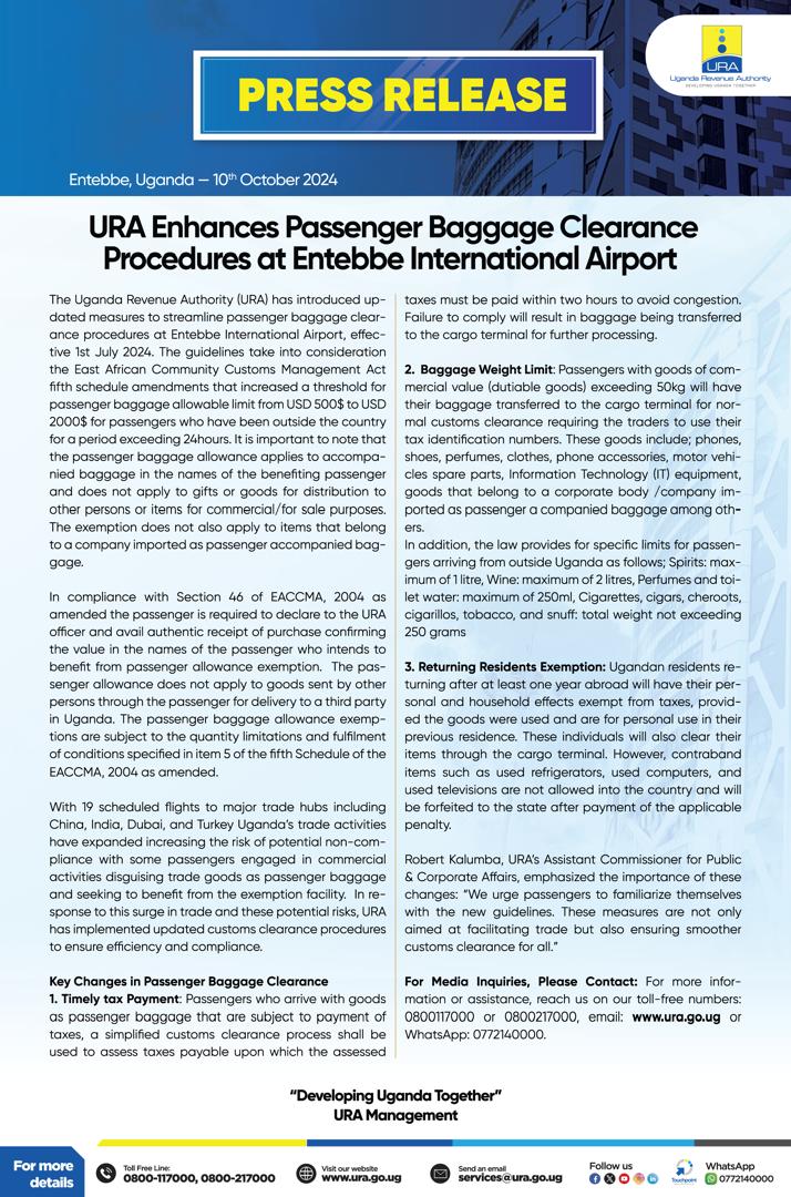 RA has enhanced Passenger Baggage clearance procedures  at Entebbe International Airport.