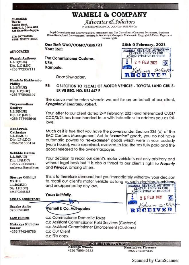 URA Document Recalling Bobiwine's Car For Review.