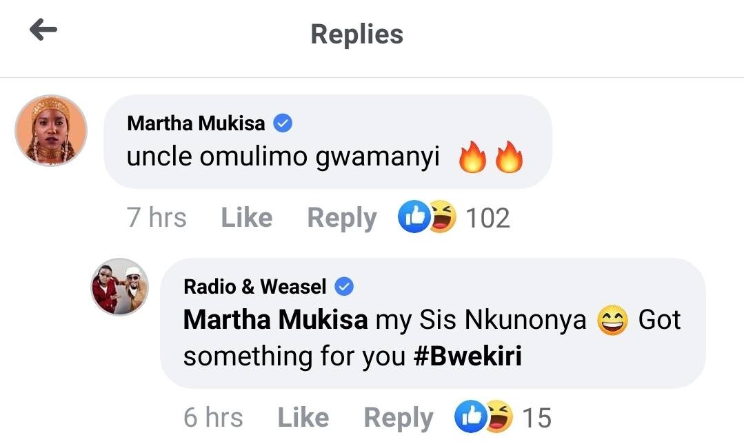 Weasel replies Martha Mukisa on Facebook 