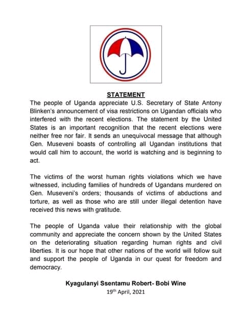 Kyagulanyi applauds the US for putting travel bans to government officials.